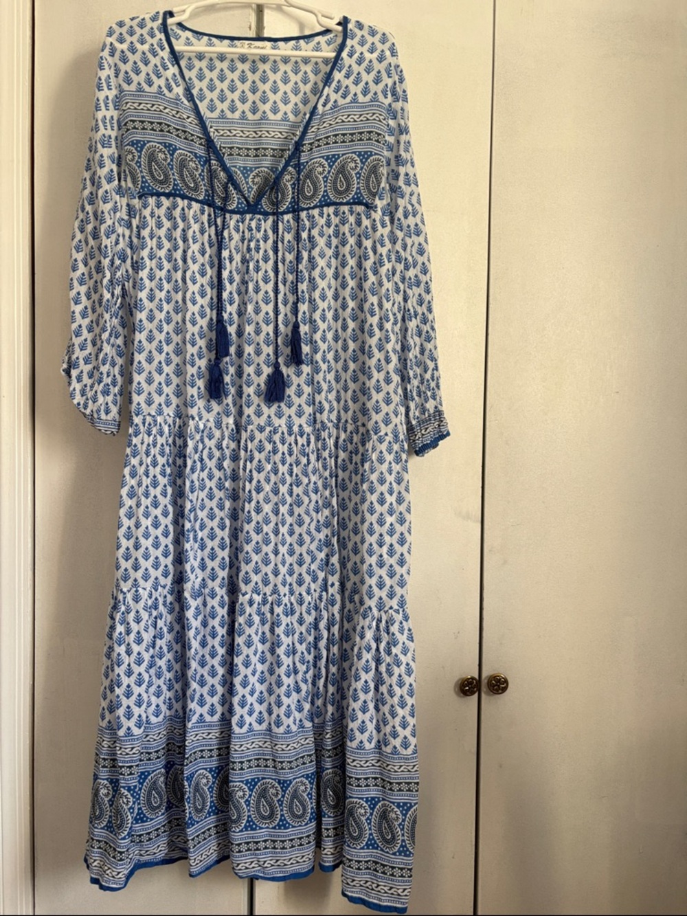 Karni Boho Blue & White Cotton Paisley Maxi Dress